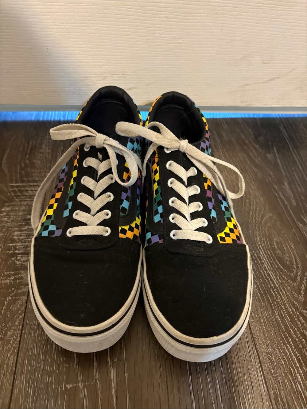 Vans Ward Rainbow Checkerboard Black Canvas Skate Shoes Sneakers Size 5